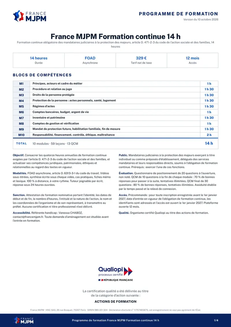 Première page du programme de la formation continue France MJPM